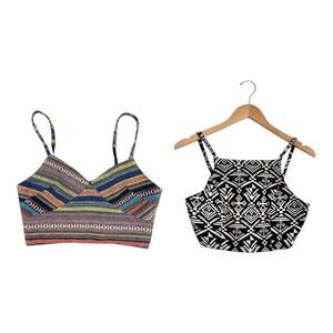 small bralette-style crop tops vibrant Aztec print black & white tribal print